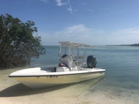 A sleek speedboat is docked on a sandy shore, surrounded by calm waters and mangroves, perfect for a day of adventure on the water.