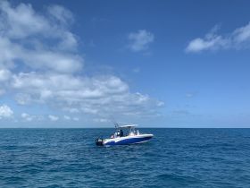 A fishing boat navigates the vibrant blue ocean with people on board, showcasing a perfect day for fishing adventures.
