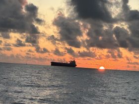 A stunning sunset over the ocean with a cargo ship silhouetted against the vibrant sky, creating a picturesque maritime scene.