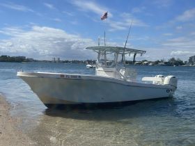A sleek speedboat anchored near the shore, showcasing its design against a picturesque waterfront backdrop.