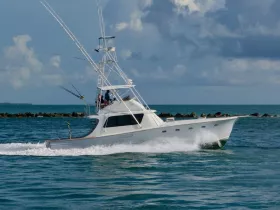 A sleek fishing yacht cruises through the turquoise waters, showcasing its impressive design and fishing gear — perfect for adventurous outings on the sea.