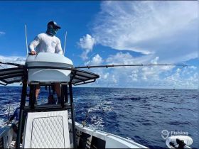 A fisherman stands at the helm of a boat, navigating the open ocean while preparing for a fishing adventure — a perfect scene for sport fishing enthusiasts.
