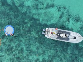 Aerial view of a group enjoying a floating mat in crystal-clear waters, with a boat anchored nearby — perfect for summer fun and water activities.