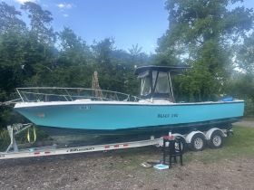 A vibrant blue boat named 'BLACK DOG' is docked on a trailer, surrounded by lush greenery, showcasing its sleek design and readiness for adventure.