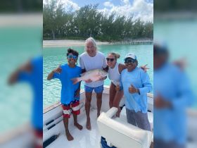A joyful group celebrates their fishing catch aboard a boat, showcasing camaraderie and the thrill of the sea — perfect for fishing adventures in tropical waters.