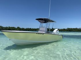 A sleek speedboat anchored in crystal-clear waters, showcasing its vibrant design against a serene natural backdrop.