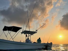 A serene sunset scene featuring a fishing boat with a person in the water, capturing the essence of a perfect day on the water.