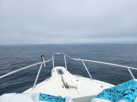 A serene view from the front of a boat, showcasing the calm waters and overcast sky — perfect for a peaceful day on the water.