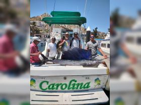 A group of fishermen proudly displays their impressive catch aboard the 'Carolina' boat, celebrating a successful fishing trip in a picturesque harbor.