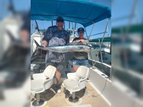 A successful fishing trip captured with two anglers proudly displaying their catch aboard a boat — a perfect moment for fishing enthusiasts.