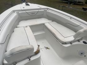 Interior view of a boat's seating area, showcasing the cabin's layout and condition. Ideal for assessing comfort and space for passengers.