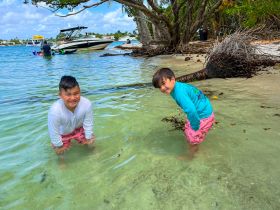 Two children enjoy a playful moment in the shallow waters at the beach, making it a perfect family outing on a sunny day.
