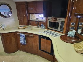 A well-appointed boat kitchen featuring modern appliances and elegant wood finishes, perfect for preparing meals while enjoying life on the water.
