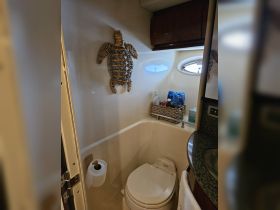 A cozy bathroom interior on a boat featuring a decorative turtle and essential amenities, perfect for onboard comfort.