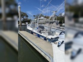 A well-equipped center console boat docked at the marina, showcasing its vibrant design and fishing gear — perfect for a day out on the water.