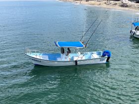 A fishing boat named 'Camila' is seen cruising in calm waters, showcasing its sleek design and fishing gear, perfect for a day out on the water.