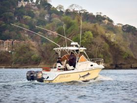 A fishing boat named 'Polar' navigates through the water, showcasing the excitement of a fishing adventure on the ocean.