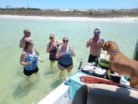 A lively group enjoys a fun day in the water, sipping drinks and celebrating with their dog nearby — a perfect beach outing.