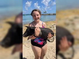 A young girl joyfully holds a pig while standing on the beach, showcasing a unique and memorable wildlife encounter in the Bahamas.
