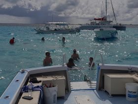 A lively group enjoys a fun day swimming and snorkeling in crystal-clear waters, with boats anchored nearby, perfect for a memorable beach adventure.