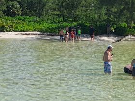 A lively group enjoys a day at the beach, wading in shallow waters and soaking up the sun — perfect for family fun and memorable outings.
