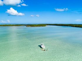 A lively group enjoys a sandbar stop in crystal-clear waters, with a boat anchored nearby — perfect for a fun day on the water.