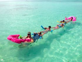 A lively group enjoys a fun day floating in the crystal-clear waters, showcasing the perfect beach getaway experience.