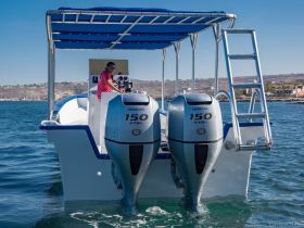 A view of a boat with twin Honda 150 VTEC engines, showcasing the vessel's structure and design while underway on clear waters.