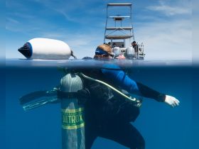 A diver prepares to explore the underwater world, showcasing the excitement of scuba diving adventures from a boat.