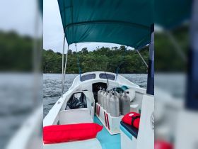 Interior view of a boat featuring scuba tanks and seating, ideal for diving excursions in lush tropical waters.