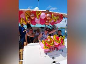 A lively group of friends celebrates aboard a boat, adorned with festive balloons for a special occasion. Perfect for parties and memorable gatherings on the water.