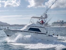A sleek fishing yacht named 'Go Deeper' cuts through the waves, showcasing its speed and agility on the water, perfect for adventurous fishing trips.