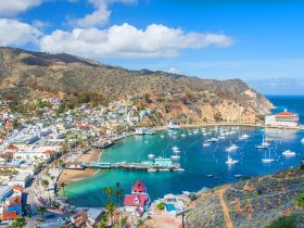 A stunning aerial view of a vibrant harbor surrounded by lush hills and colorful buildings, showcasing the beauty of Catalina Island — a perfect destination for boating and exploration.