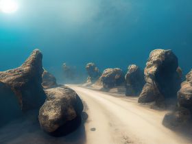 An underwater scene featuring rocky formations and a sandy path, creating an intriguing yet ambiguous atmosphere.