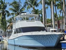 A stunning yacht docked amidst palm trees, showcasing its sleek design and vibrant blue hull — perfect for luxury outings and fishing adventures.