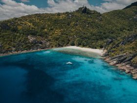 A stunning aerial view of a secluded beach surrounded by lush greenery and crystal-clear turquoise waters, showcasing the beauty of nature and ideal for island-hopping adventures.