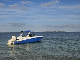 A sleek speedboat anchored in calm waters under a clear blue sky, perfect for a day of relaxation on the water.