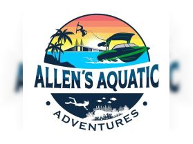Logo for Allen's Aquatic Adventures featuring a boat, palm trees, and aquatic activities, ideal for promoting water sports and adventure tours.