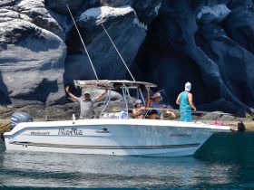 A lively group enjoys a day on the water aboard a Wellcraft boat, celebrating against a stunning backdrop of rocky formations.