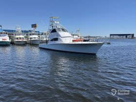 A sleek yacht docked at the marina, showcasing its elegant design against a clear blue sky — perfect for fishing trips or leisure cruises.