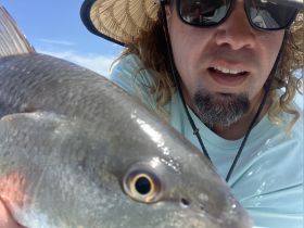 A close-up shot of a person holding a fish while fishing, capturing the excitement of the catch. Perfect for showcasing fishing adventures and wildlife encounters.