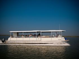 A lively group enjoys a day on a pontoon boat, cruising through calm waters — perfect for family outings and group adventures.