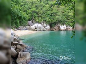 A serene view of a secluded beach surrounded by lush greenery and rocky cliffs, perfect for a tranquil getaway or eco-tour in tropical paradise.