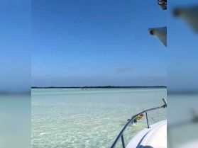 A stunning view of clear waters with people enjoying the beach, showcasing the beauty of a tropical getaway.
