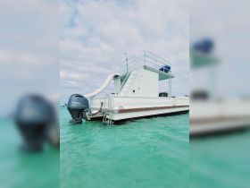 A sleek speedboat equipped with a water slide, anchored in clear turquoise waters, perfect for fun-filled days on the water.