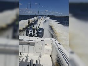 A view from the helm of a fishing boat, showcasing the fishing rods and powerful engines, perfect for an exciting day on the water.