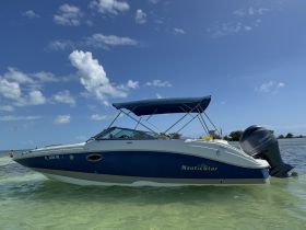 A NauticStar boat is anchored in shallow waters under a clear blue sky, showcasing its sleek design and perfect for a day on the water.