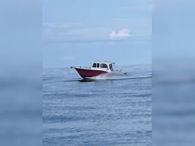 A sleek speedboat glides across calm waters, showcasing its vibrant design and performance on the open sea.