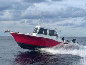 A fishing boat speeds through the water, with anglers actively engaged in fishing — a thrilling moment for sport fishing enthusiasts.