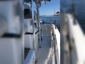 Interior view of a boat's helm area, showcasing the console and seating, ideal for fishing or leisure trips on the water.